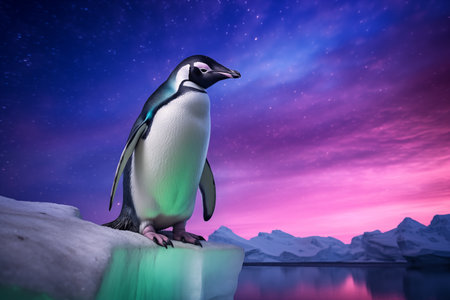 Group of Penguins huddled together on ice floe northern lights sky backgroundの素材
