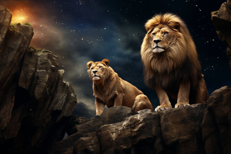 A King lion and lioness on a rock illustrationの素材