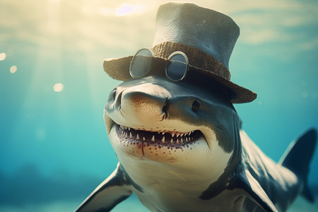 A Shark illustration while wearing fedora hatの素材