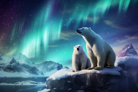 On ice Polar bears northern lights background illustrationの素材