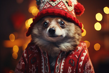 Animal wearing christmas knitted sweater illustrationの素材
