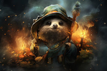 gentle sloth bear witch animal, illustrationの素材