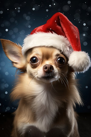 A Chihuahua dog in Santa Claus hat in front of Christmas treeの素材