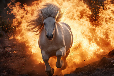 An horse charging you in flames fire backgroundの素材