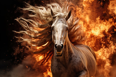 An horse charging you in flames fire backgroundの素材