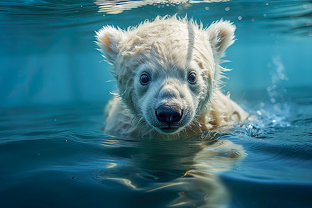A cute polar bear cub underwater looking at youの素材
