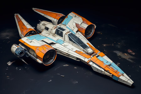 A broken spaceship in abandoned hangar fixed and repaired with tapeの素材
