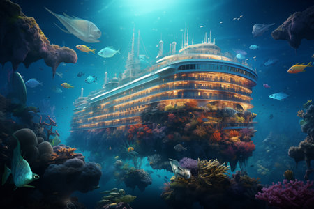 Underwater Colossal cruise ship of the future huge with skyscrapers and hundreds decks, illustrationの素材