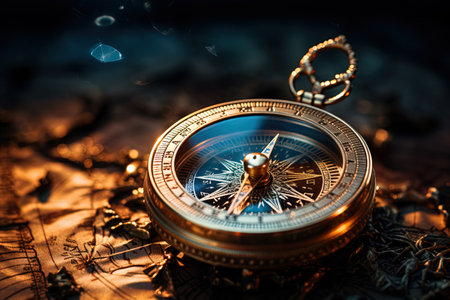 A compass with a steady needle pointing towards a radiant sun, embodying the steadfast reliability and unwavering direction of trust.の素材