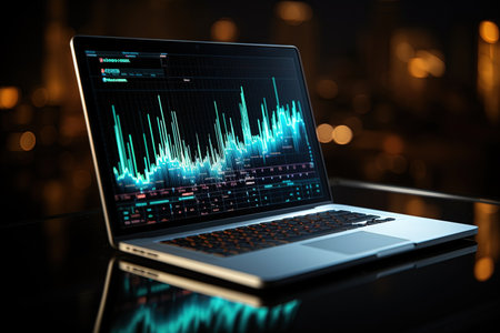 A dynamic graph on a laptop computer, depicting a steady upward trend in investments, with glow of blue light. financial growth and stability. business technology investing bank commerce conceptの素材