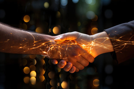 handshake between two hands, enveloped in a protective bubble of light, representing trust and transparency. business technology investing bank commerce concept illustrationの素材