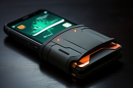 A futuristic smart wallet seamlessly blends into a sleek, modern smartphone, offering a unified interface for managing finances and making payments business technology investing bank commerce conceptの素材