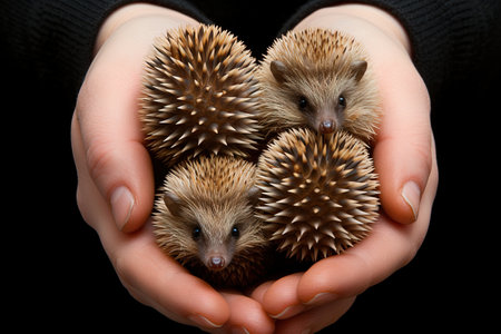 Human Hands holding many cute hedgehogの素材