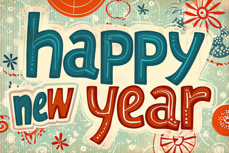 Text happy new year funky retro 70s style poster cardの素材