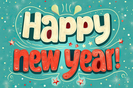 Text happy new year funky retro 70s style poster cardの素材