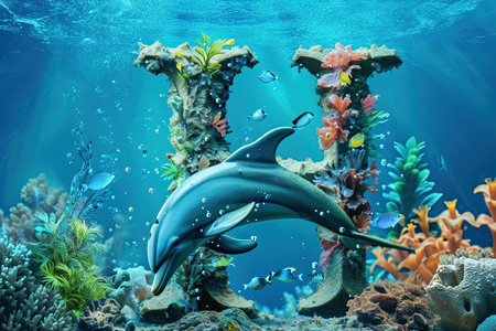 The letter H with dolphin underwater animal alphabetの素材