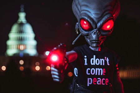 Evil Bad Alien with lasergun and shirt with i dont come in peace text on Washington DC Capitol Backgroundの素材