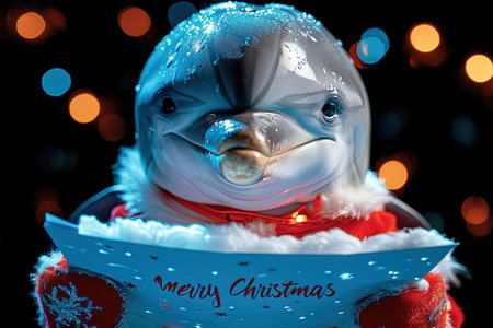 A dolphin with a merry christmas sign illustrationの素材