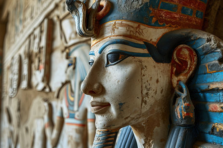 Hathor: The Celestial Cow A benevolent goddess of love and music, Hathor nurses the dead and brings harmony to the world ancient egypt hieroglyphs backgroundの素材