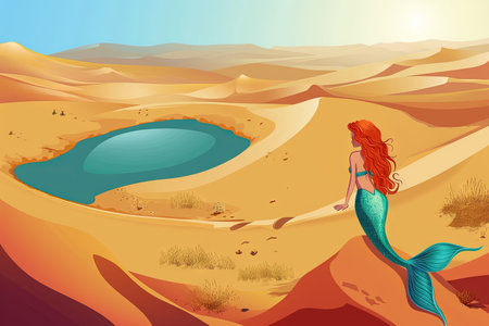 A mermaid in the desert looking for water cartoonの素材