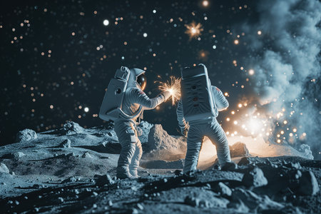 group of astronauts firing fireworks on moon surfaceの素材