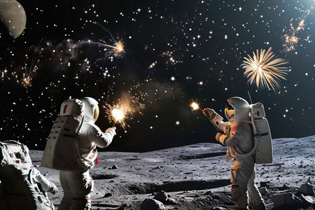 group of astronauts firing fireworks on moon surfaceの素材
