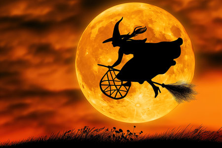 Befana hag witch epiphany with broom on full moon night illustrationの素材