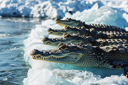 herd of african crocodiles on a floating iceberg in the middle of the oceanの素材