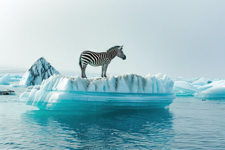 An African zebra on a floating iceberg in the middle of the oceanの素材