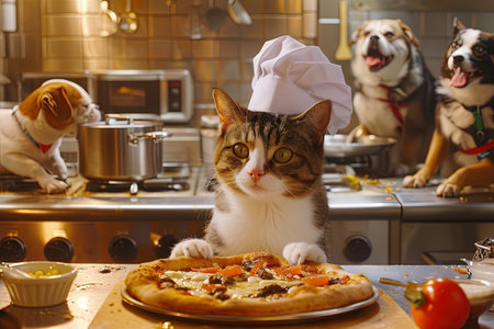 A burger-loving cat wearing a chef's hat preparing a gourmet pizza in a kitchen full of dogs.の素材