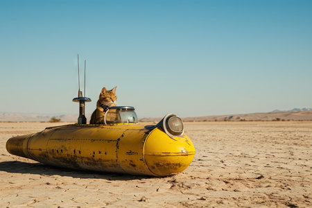 A cat piloting a submarine in the middle of a desert.qの素材