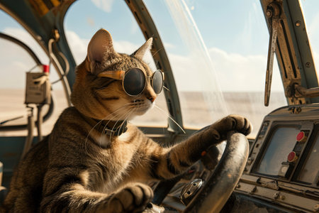 A cat piloting a submarine in the middle of a desert.qの素材