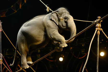 Elephant Tightrope Walker, showcasing his balancing skills on a tightrope suspended between circus polesの素材
