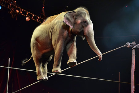 Elephant Tightrope Walker, showcasing his balancing skills on a tightrope suspended between circus polesの素材