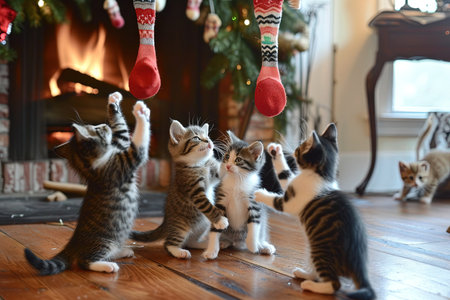 group of kittens, inspired by the colorful Epiphany socks hanging from the fireplace, have a festive dance partyの素材