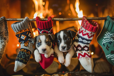 A dog puppy hanging from sock of epyphanyの素材