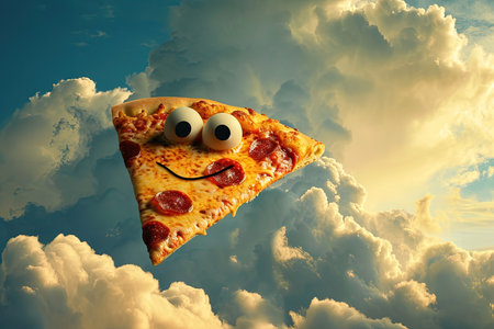 A giant pizza, with googly eyes and a pepperoni smile, soaring through the sky.の素材
