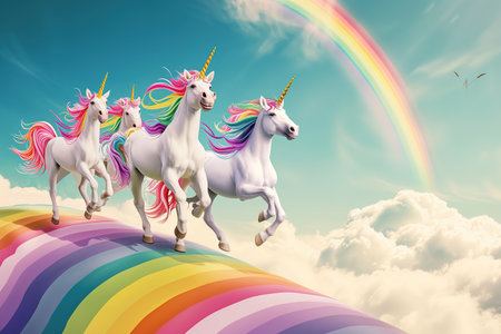 A group of unicorns riding down a rainbow ramp, launching themselves into a magical sky.の素材