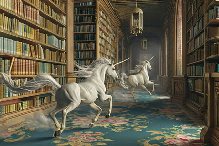 Unicorn Racing in a Library: Picture a library transformed into a racetrack where unicorns dash between bookshelves, their hooves making a magical sound as they compete for victory.の素材