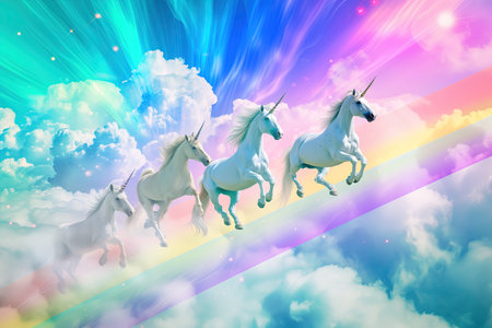 A group of unicorns riding down a rainbow ramp, launching themselves into a magical sky.の素材