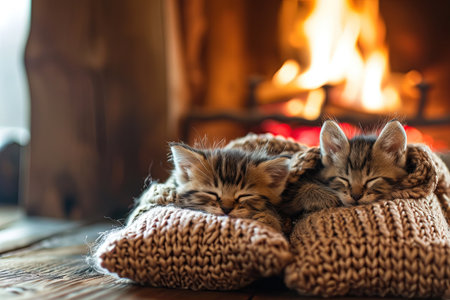fluffy kittens nestled inside knitted stockings, their tiny noses poking out, as the fireplace casts a warm glow on the hearth.の素材