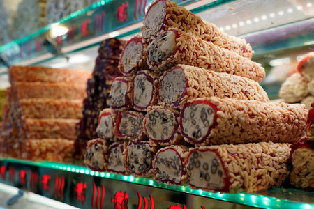 Traditional Turkish delight isolated on white background. Assorted. Sweet delicious lukum color at the marketの写真素材