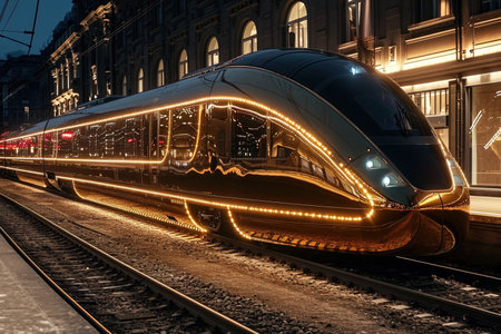 The futuristic orient express train arriving in european capital cityの素材