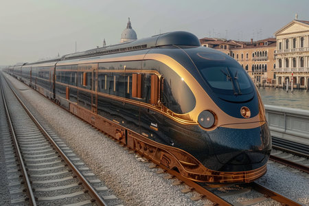 the futuristic orient express train arriving in veniceの素材