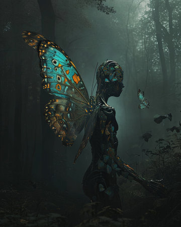 butterfly human animal hybrid in dark backgroundの素材