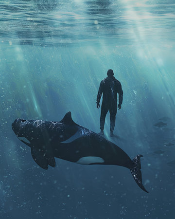An Orca killer whale and human underwater backgroundの素材