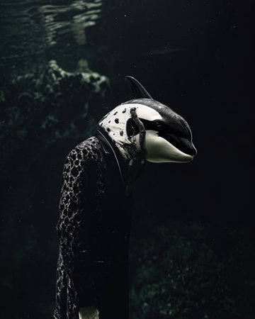 Orca killer whale human animal hybrid, on dark backgroundの素材
