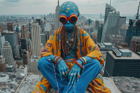A Funny alien wearing blue jeans kaftan, new York city cityscape backgroundの素材