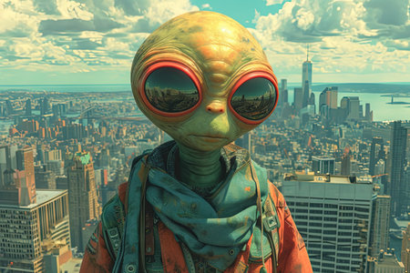 A Funny alien wearing blue jeans kaftan, new York city cityscape backgroundの素材