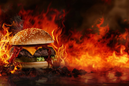 A demonic cheeseburger hell in flame backgroundの素材